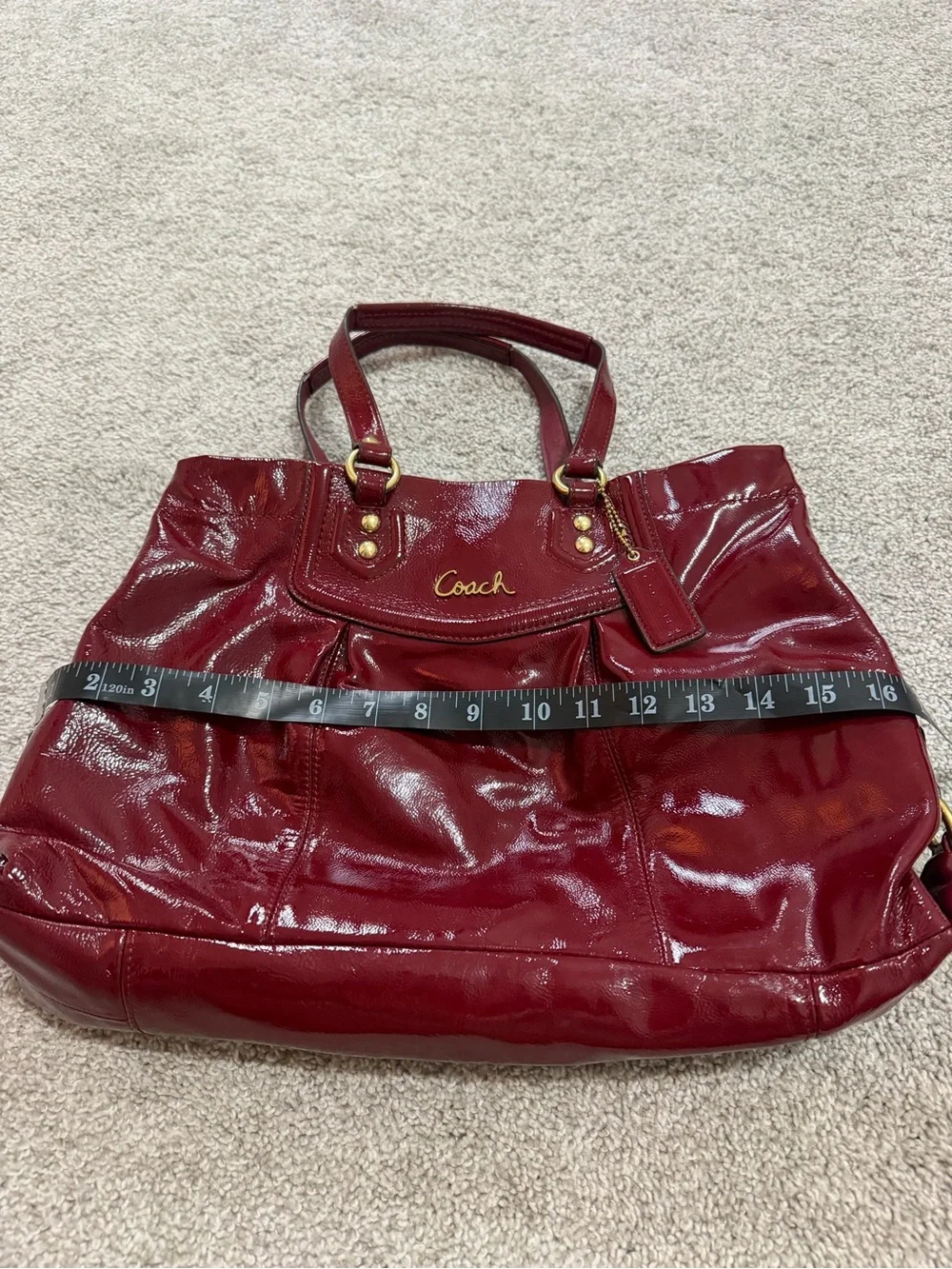 Coach Patent Shoulder Tote in Deep Burgundy